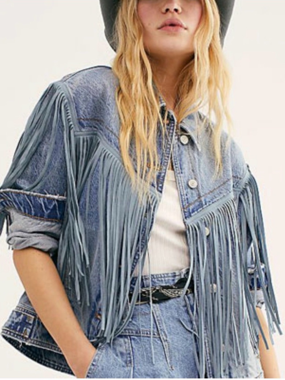 Free People After Hours Fringe Denim Jacket Size Small / M Jean Jacket Western